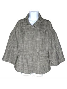 Cami Gray Tweed-Look Textured Cinched Faux Belt Waist Jacket Modern Classic Top